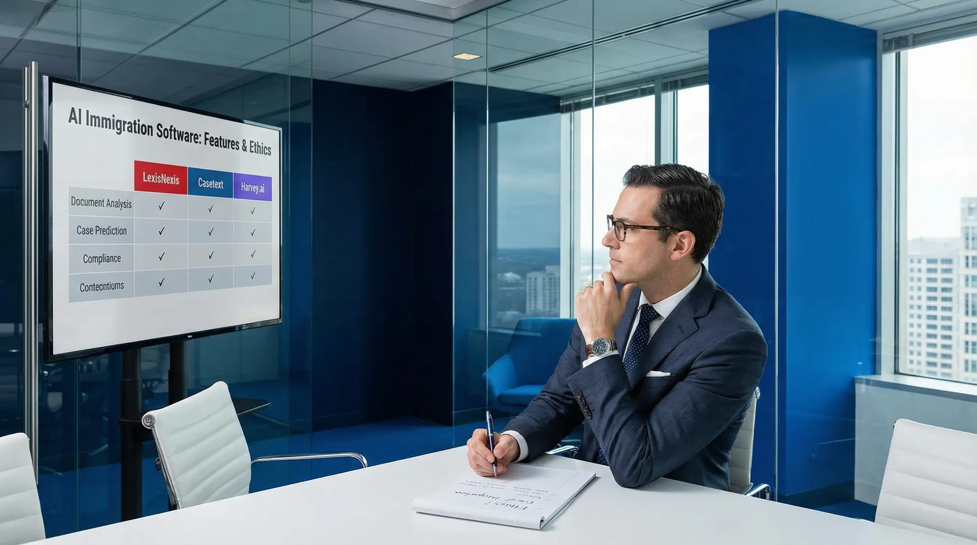 An immigration lawyer using AI-powered software on a tablet, with legal documents and a globe in the background, symbolizing global reach and modern legal practice.