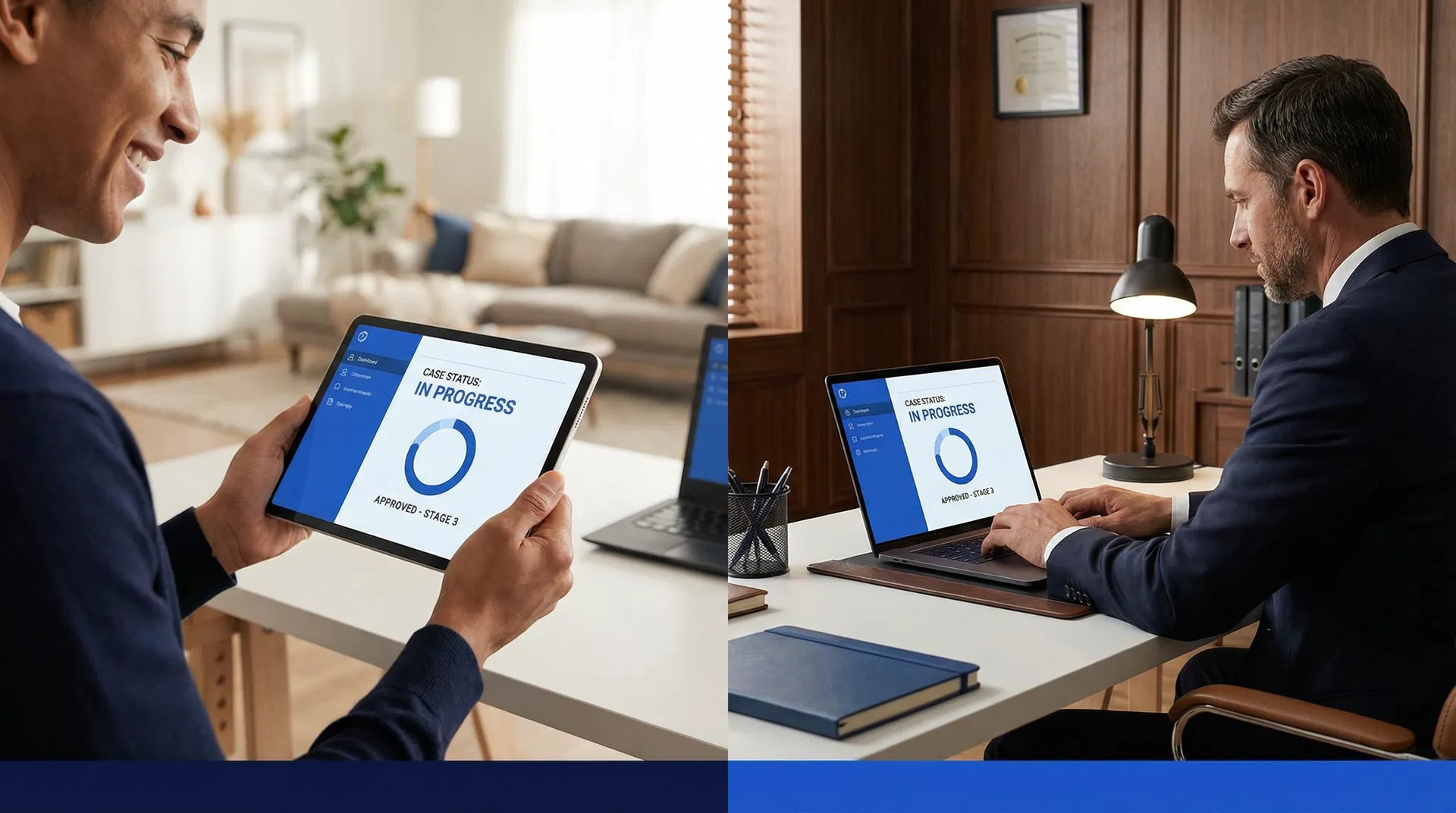An immigration lawyer interacting with a client portal on a tablet, showing case updates and secure messaging.