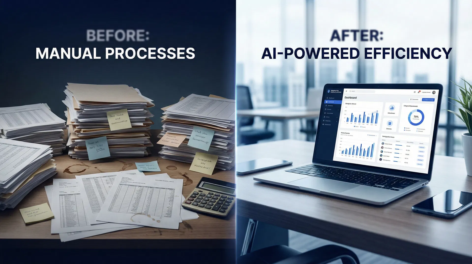 A modern immigration law office with a lawyer using an AI platform on a tablet, contrasting with an old spreadsheet.