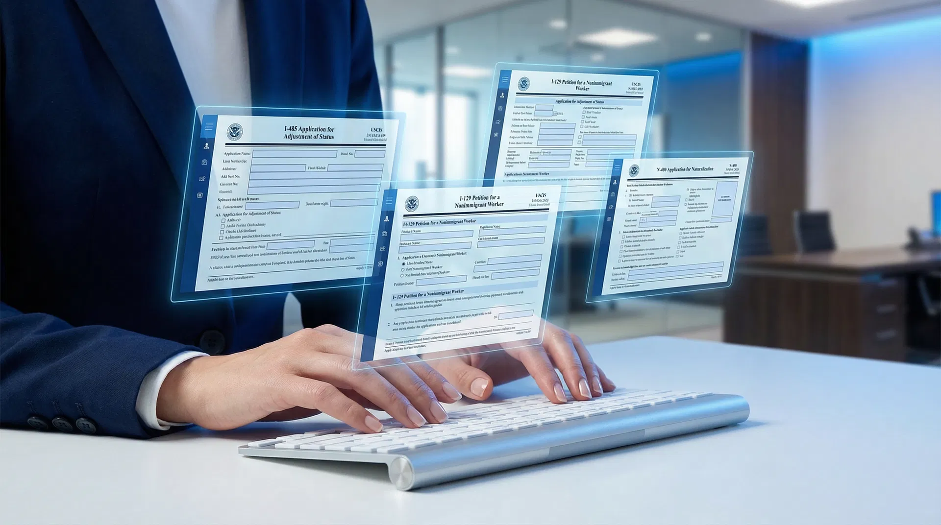 Illustration of an immigration attorney using document automation software to efficiently process USCIS forms, with digital documents and a computer screen showing automated fields.