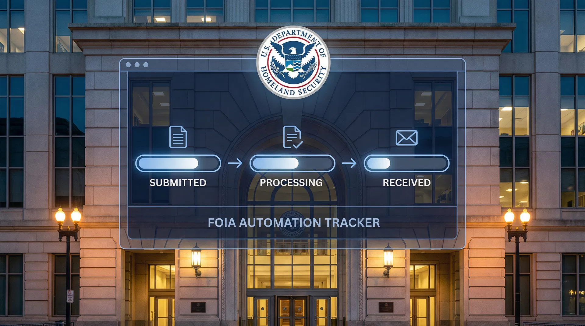 Illustration of automated document processing with gears and legal documents, symbolizing efficiency in FOIA requests.