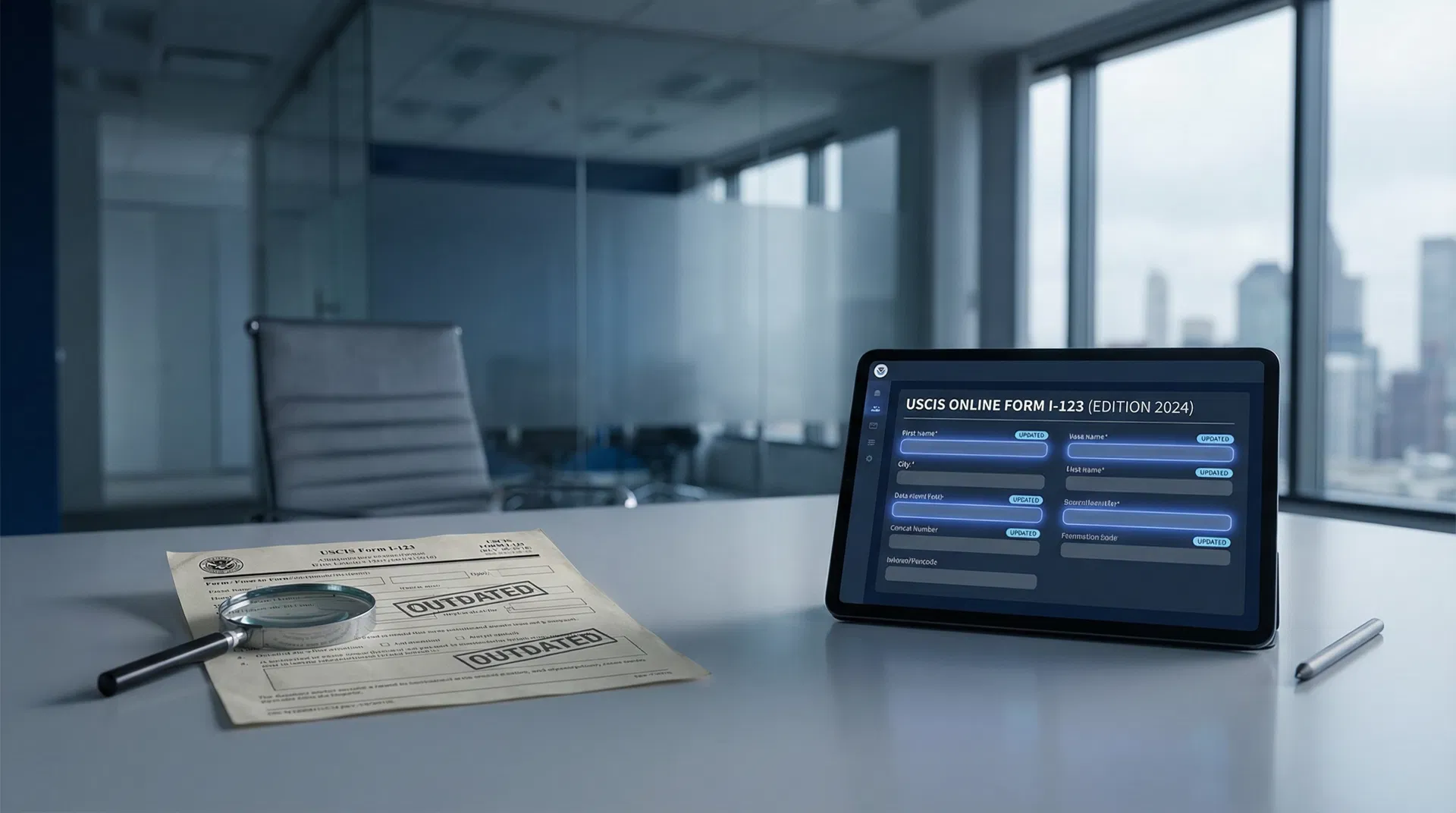 A digital illustration showing various USCIS forms with version numbers, dynamically updating on a screen, symbolizing compliance and efficiency in immigration law.