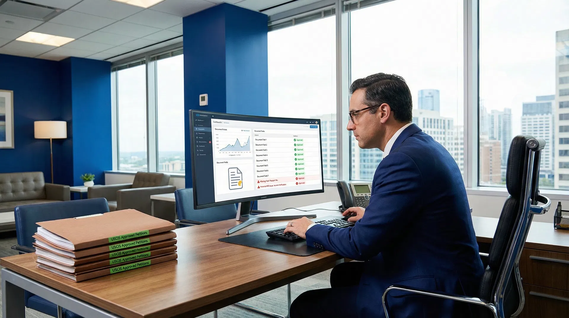 Illustration of documents being validated by an automated system, with a focus on reducing RFE rates for immigration law firms.