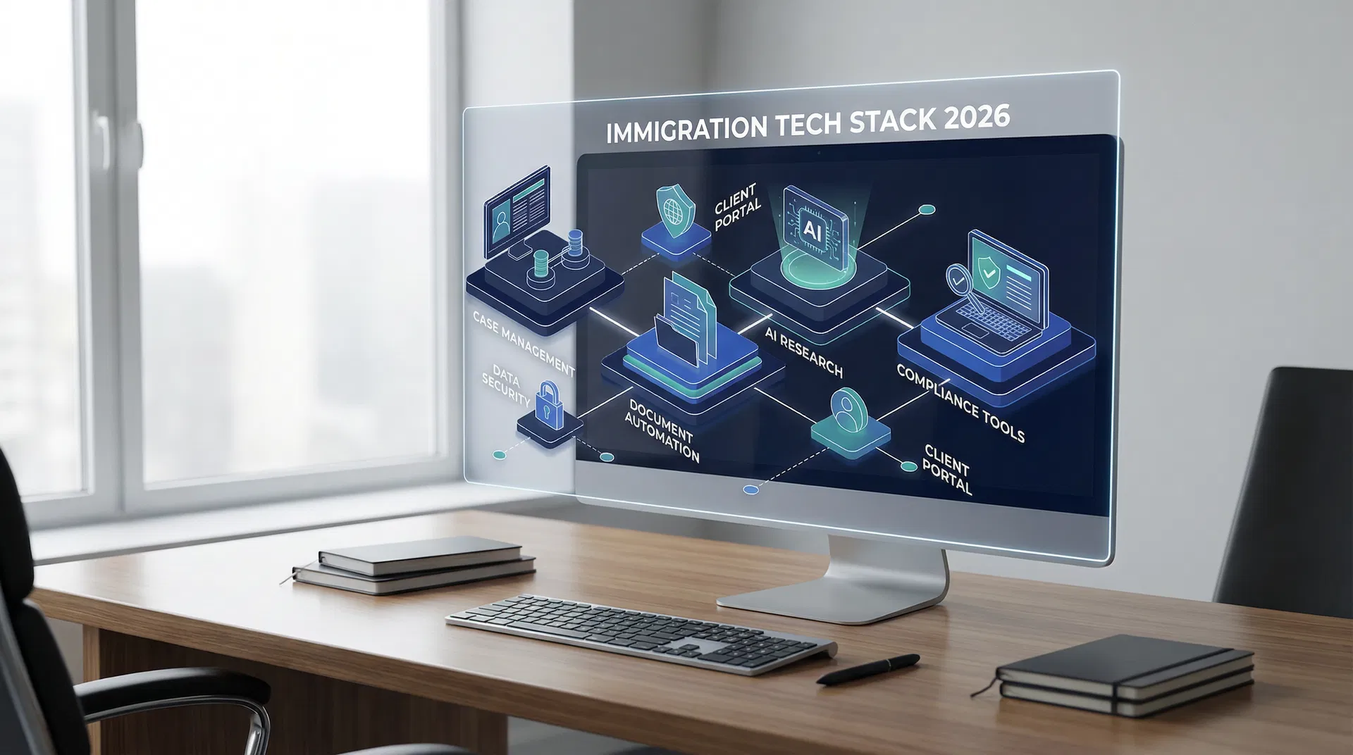 A modern, sleek digital interface displaying immigration case management software with various data points and charts, representing an advanced immigration tech stack.