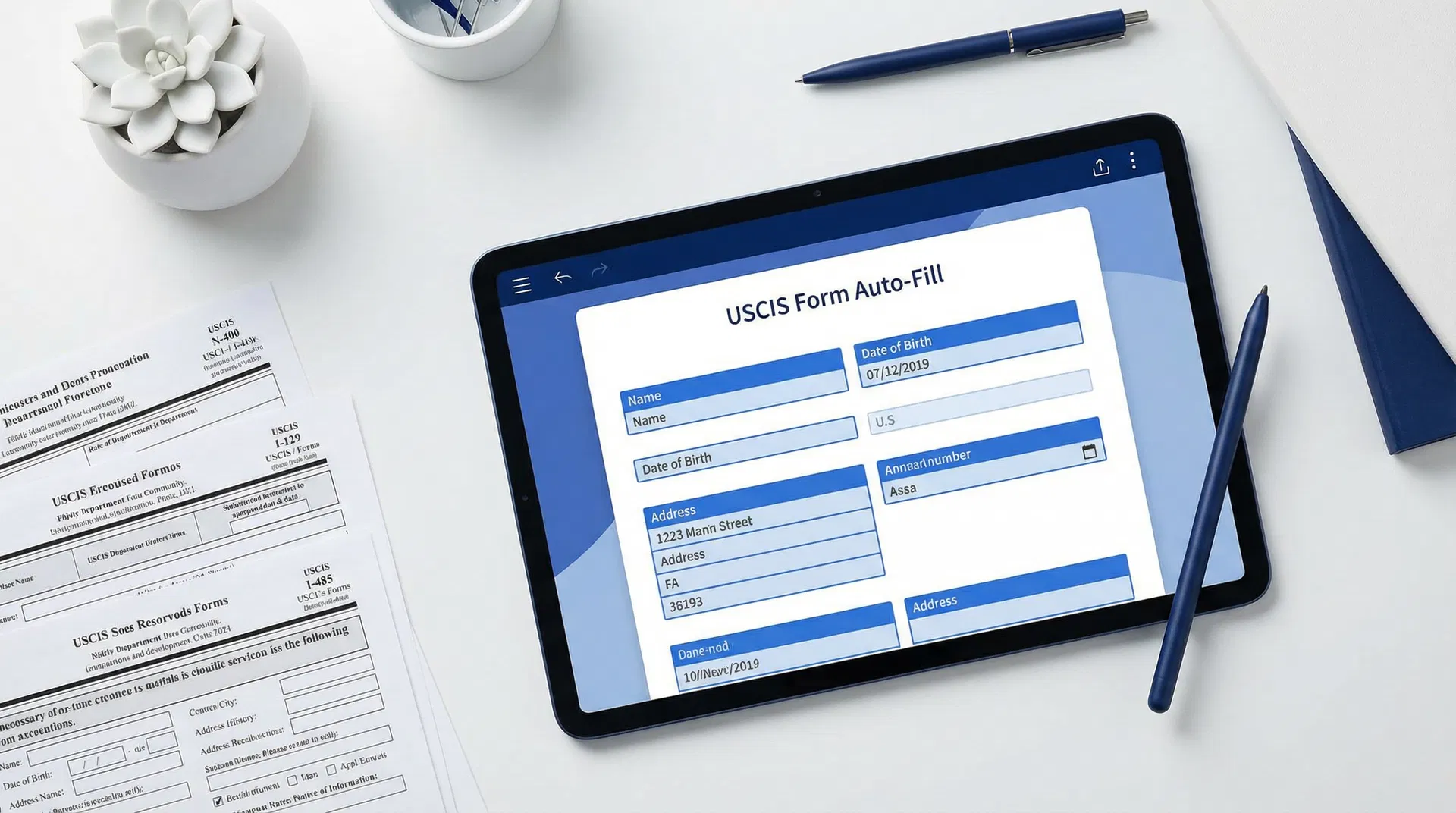 An illustration of a robot hand filling out a USCIS form with a pen, symbolizing automation and efficiency in immigration law.