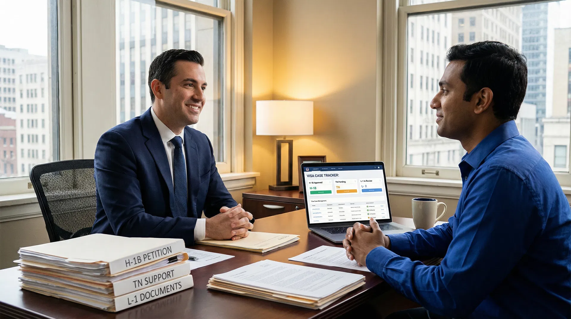 Digital interface displaying H-1B, TN, and L-1 visa application forms with data fields being automatically populated, symbolizing technology streamlining work visa cases.