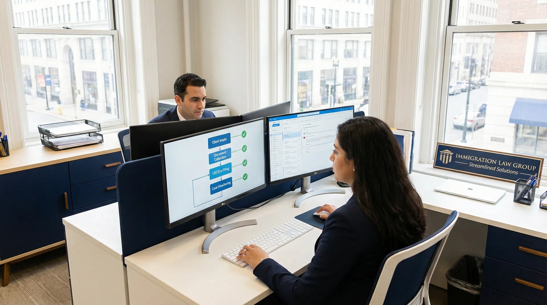A small, modern immigration law office with a diverse team collaborating efficiently, using technology to streamline their workflow and manage cases.
