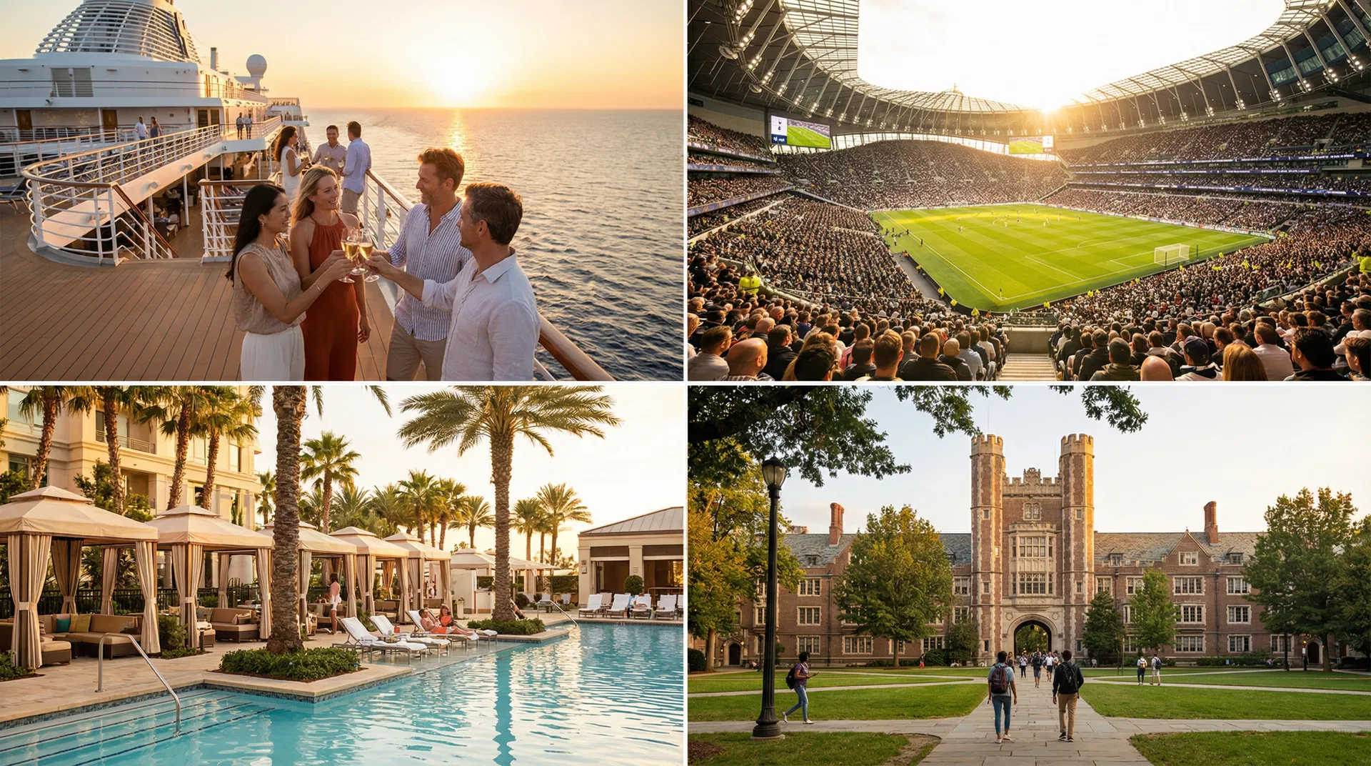 Cruise ship, stadium, resort, and university campus