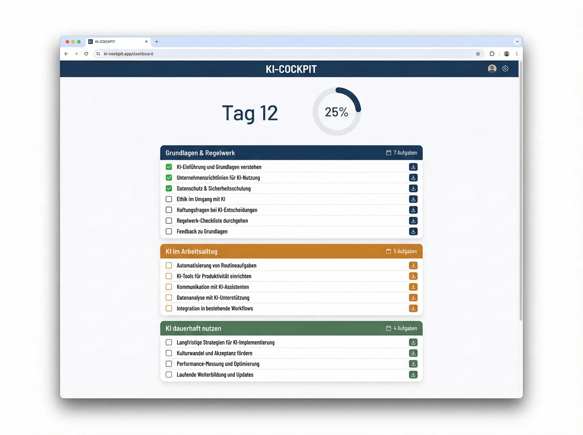 KI-Cockpit Dashboard Vorschau – Ihr persönlicher Umsetzungsfahrplan mit 16 Aufgaben in 3 Bereichen