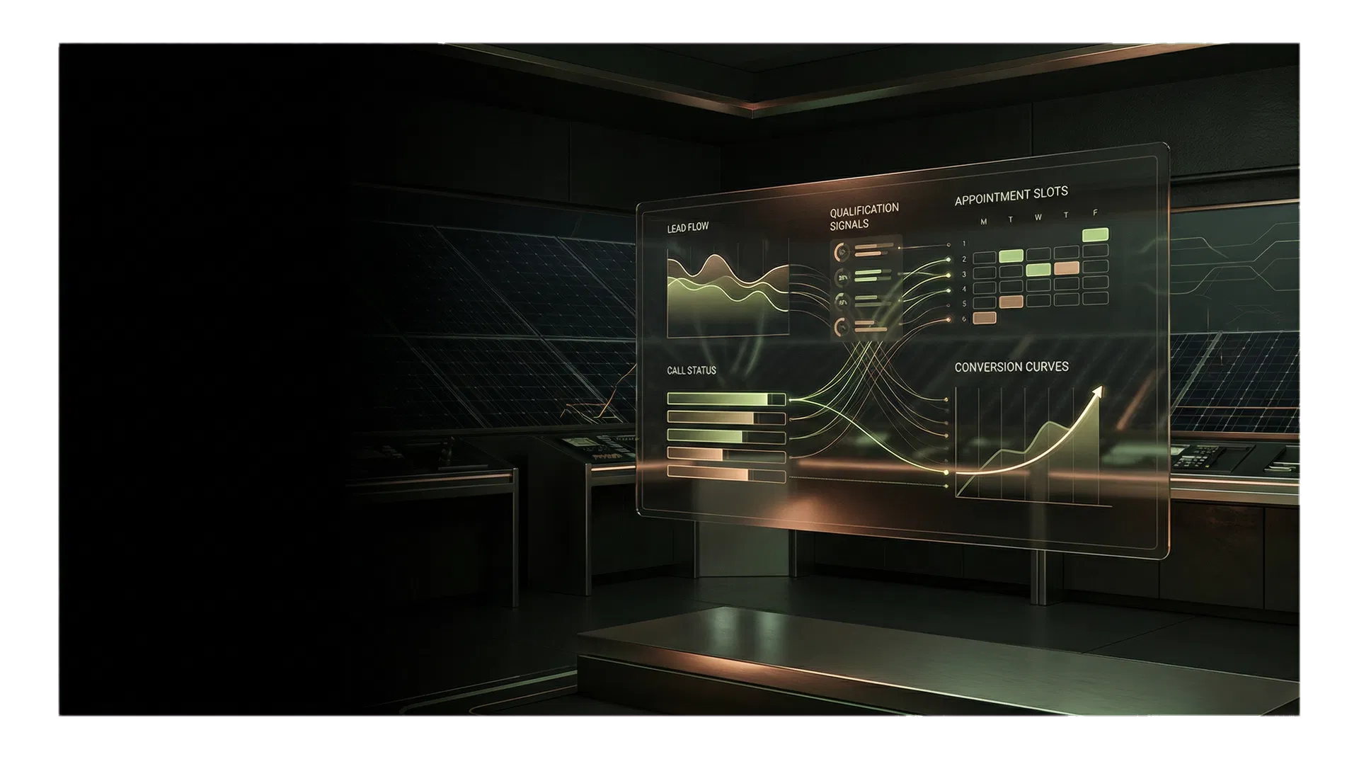 Dunkler Kontrollraum mit KPI-Visualisierung für KI-gestützte Lead-Qualifizierung