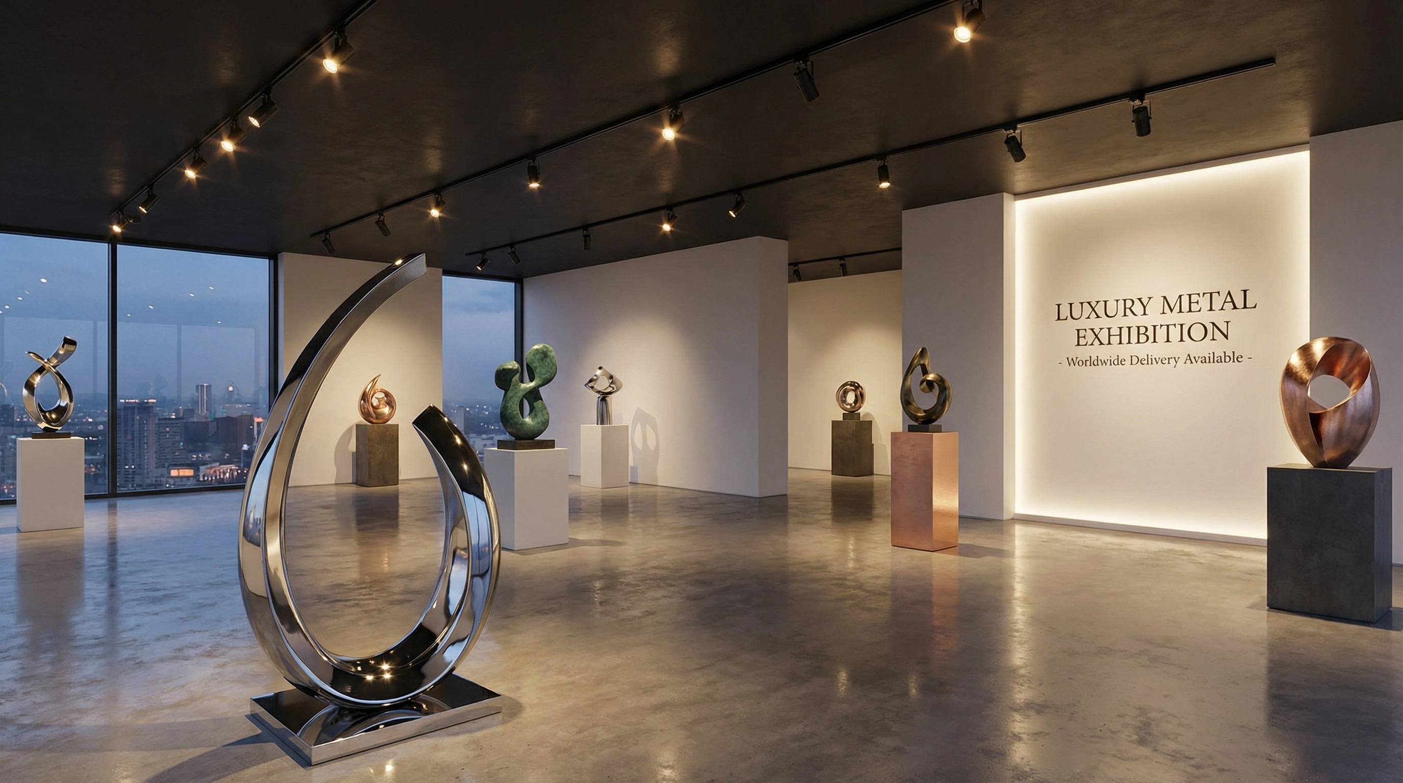 Luxury metal sculpture exhibition hall featuring premium stainless steel and bronze sculptures