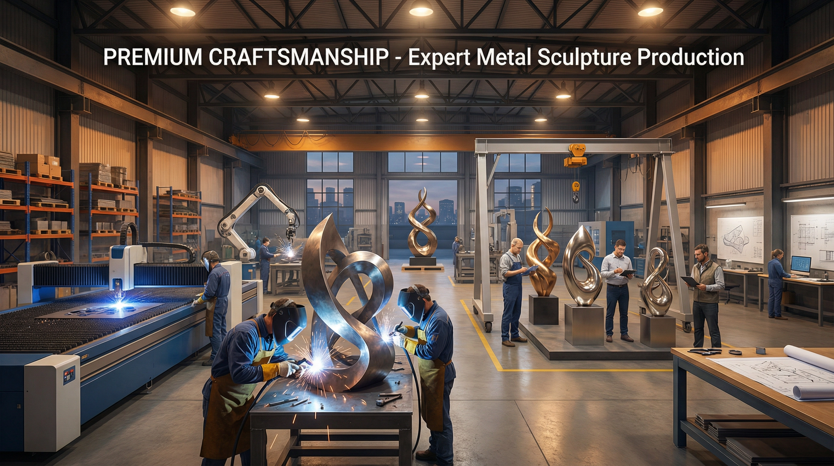 Professional metal sculpture manufacturing facility with skilled artisans performing welding