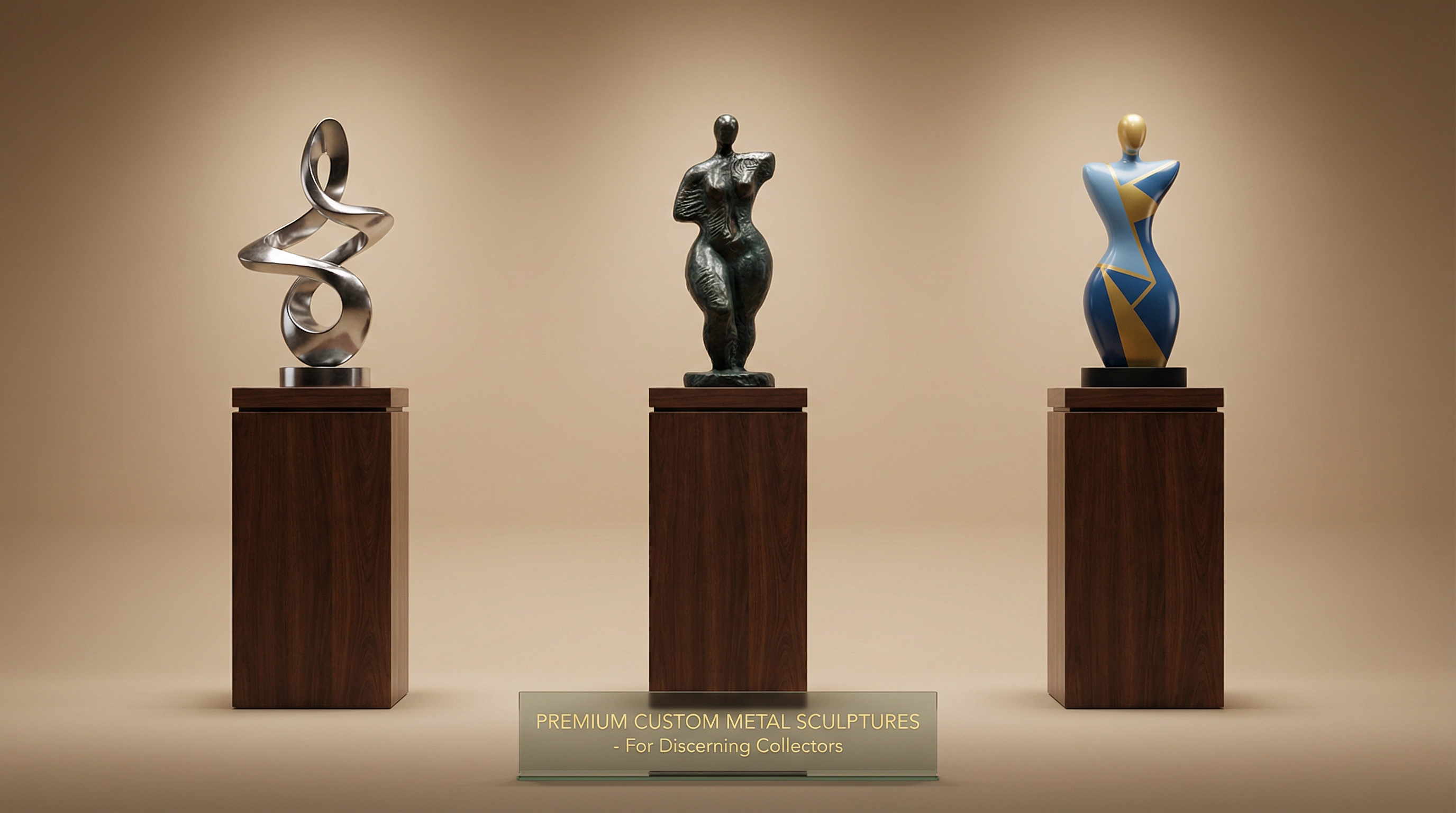 Collection of premium metal sculptures including stainless steel and bronze artworks