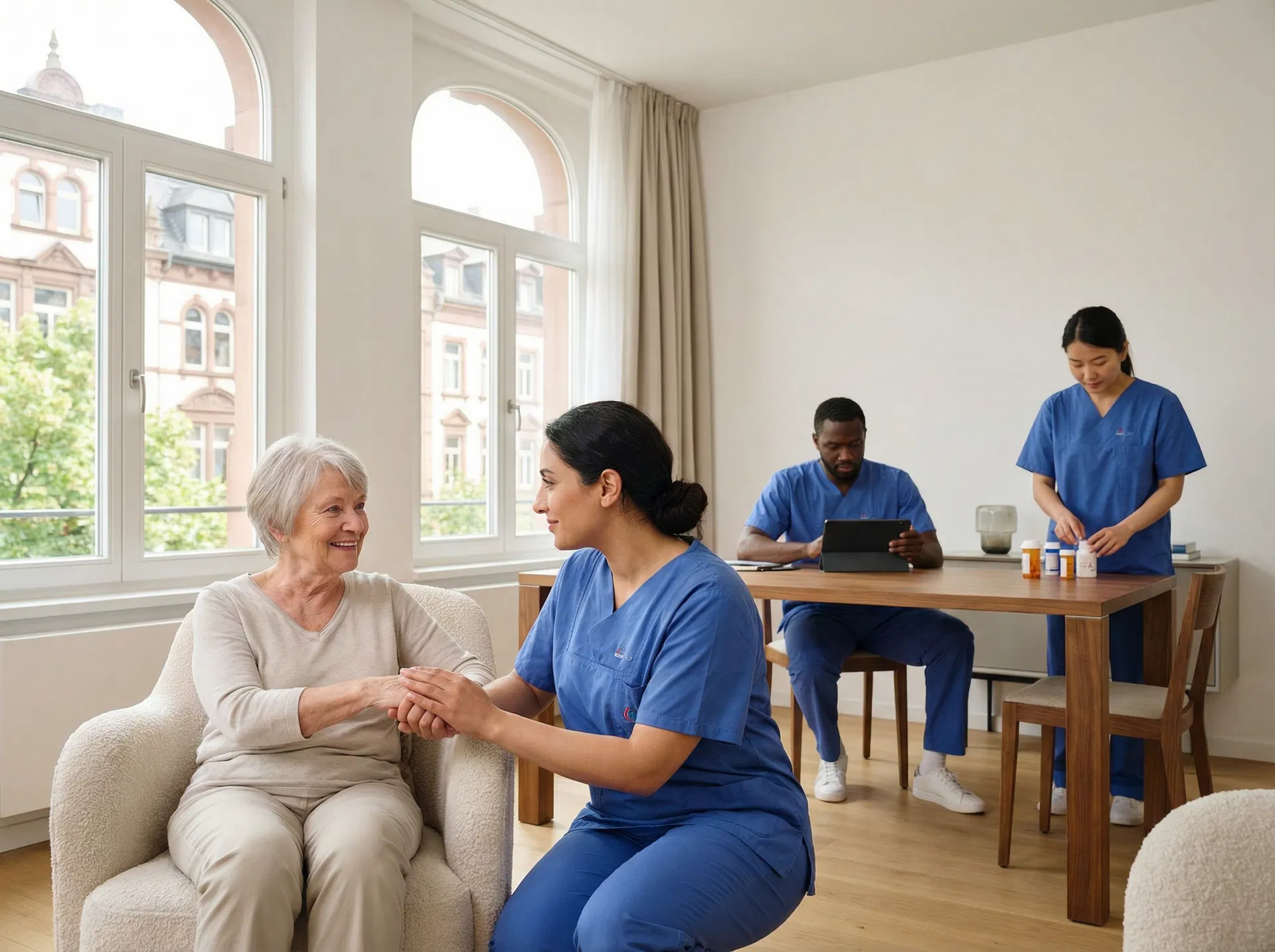 CuraMain – Pflegekraft hält Hand einer älteren Patientin in Frankfurt