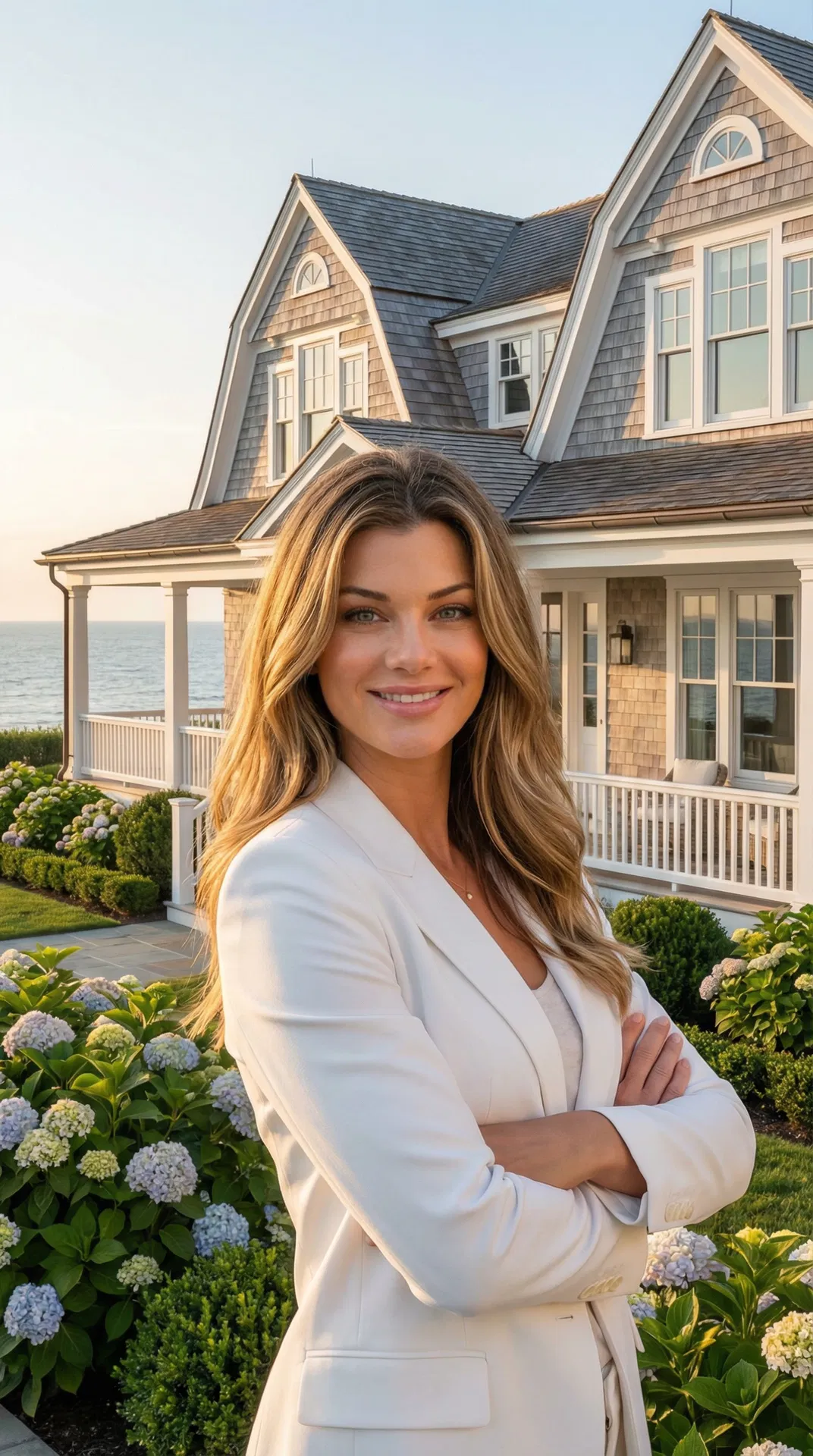 Nicole Gordon — REALTOR® with Keller Williams Realty Cape Cod & Colonial Partners, standing in front of a Cape Cod oceanfront estate