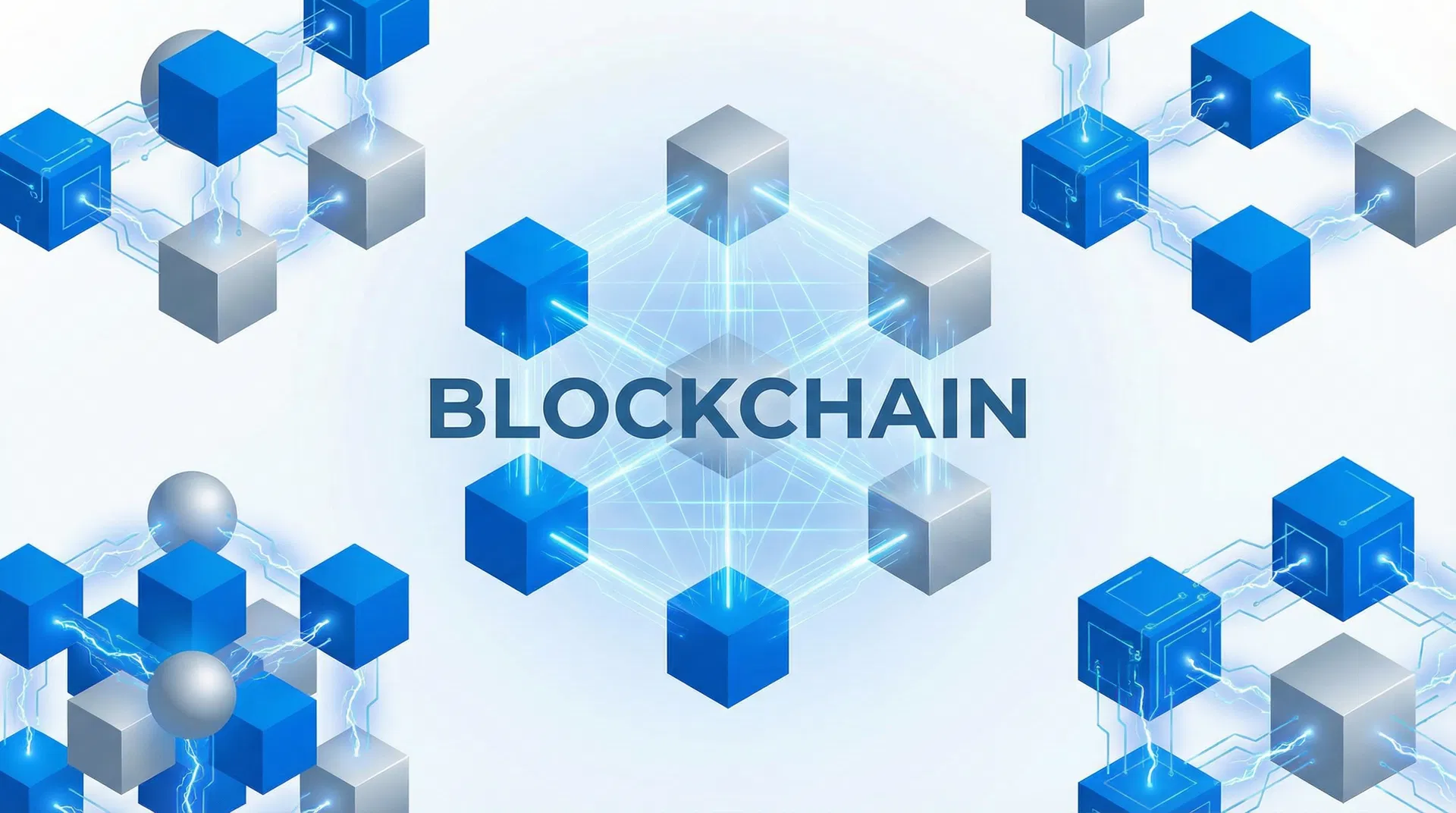 Blockchain technology visualization with connected nodes and digital security