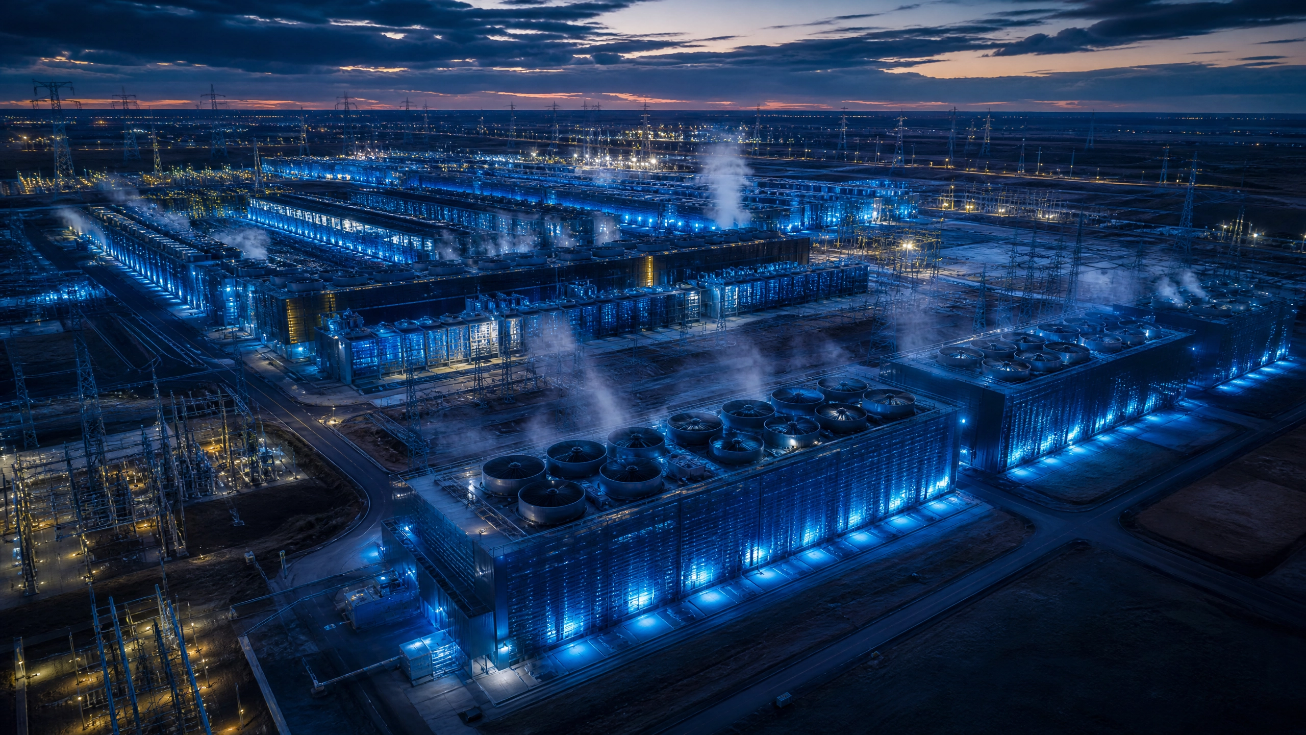 Massive data centre complex at twilight with cooling towers, power transmission lines, and industrial-scale infrastructure