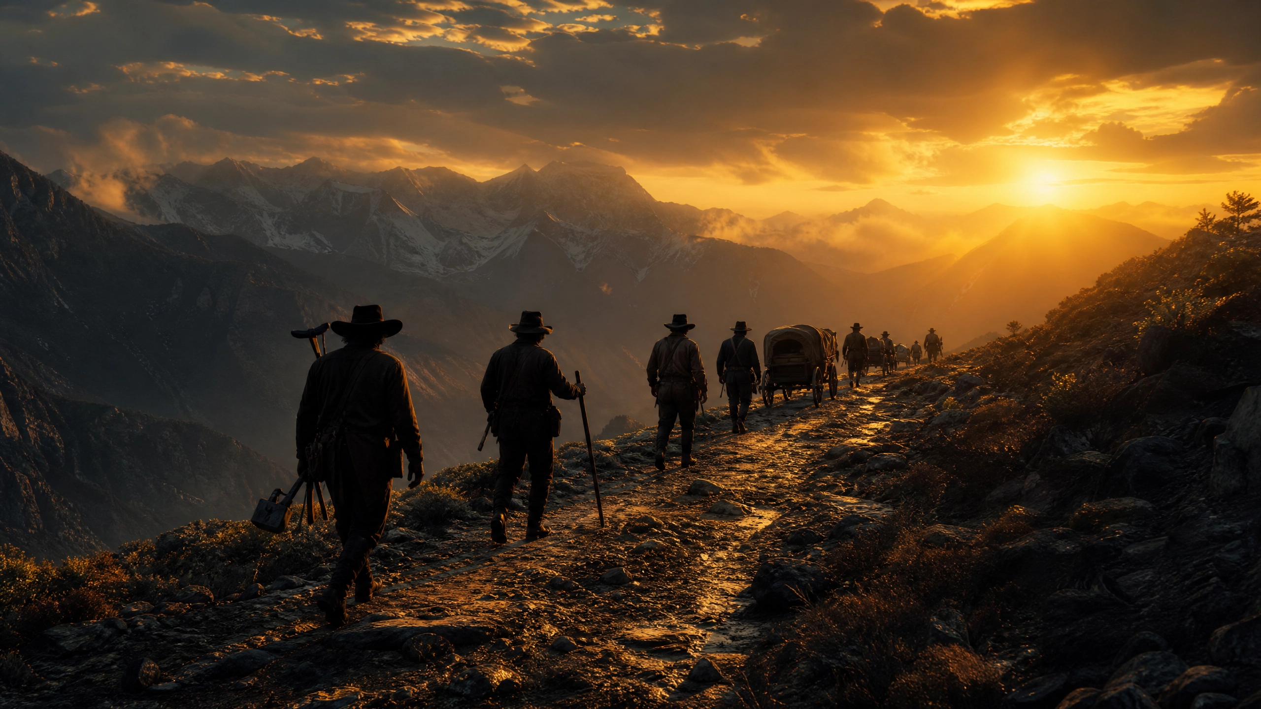 Gold rush era prospectors heading west on a mountain trail at golden hour, silhouettes with wagons and tools