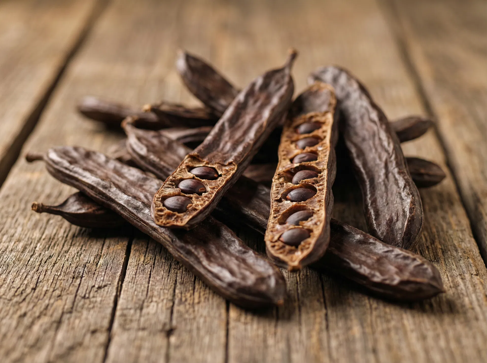 Whole carob pods close-up