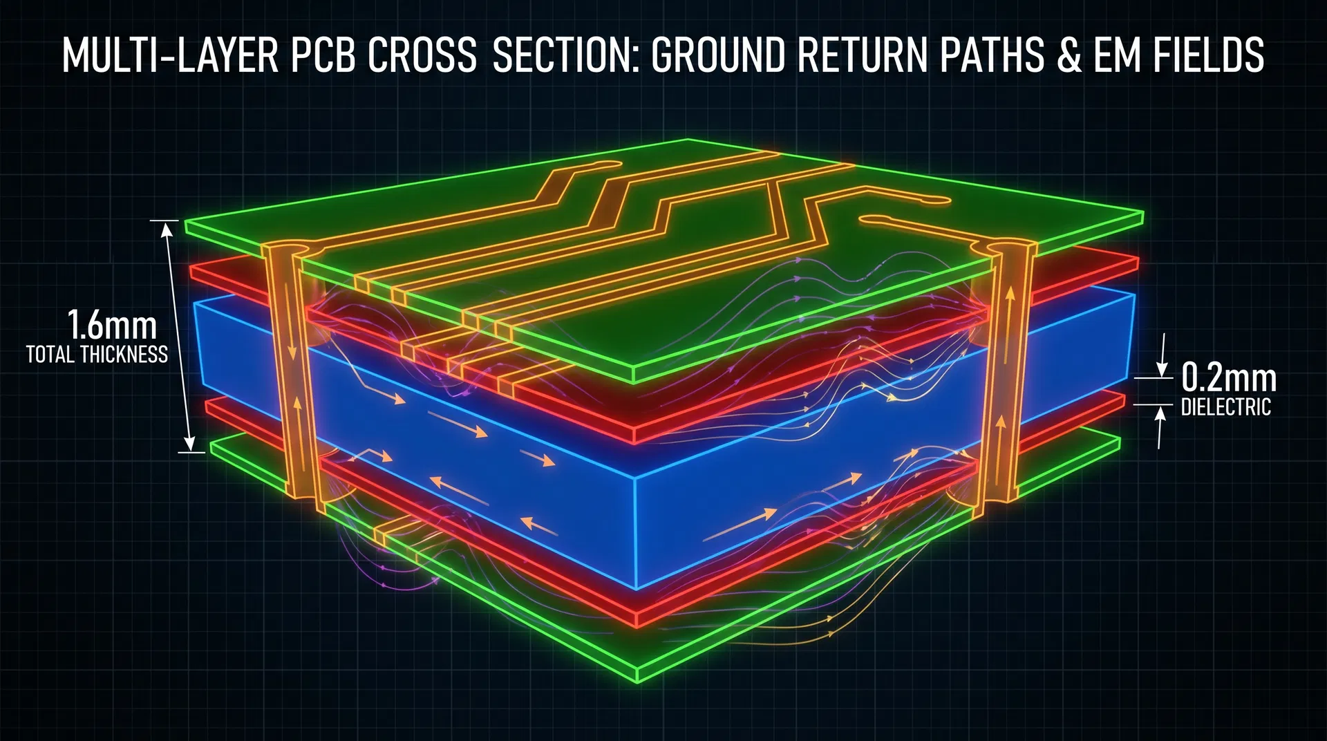 Sección transversal de PCB multicapa mostrando planos de tierra, capas de señal y distribución de campo electromagnético