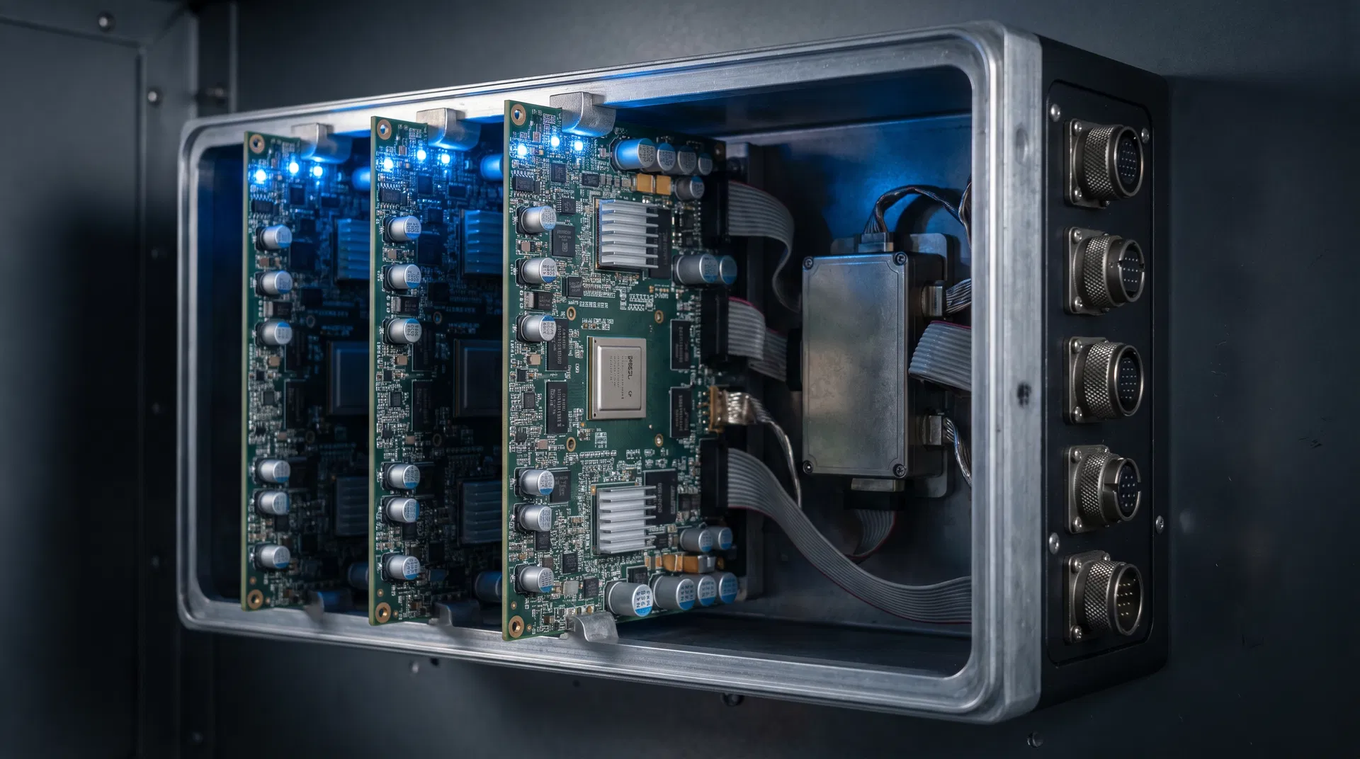 Sistema de control electrónico triple redundante con tres placas de circuito en paralelo dentro de una carcasa aeroespacial ruggedizada con conectores MIL-SPEC, demostrando arquitectura tolerante a fallos