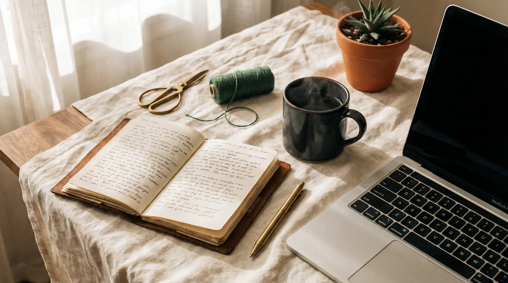 A warm editorial desk scene