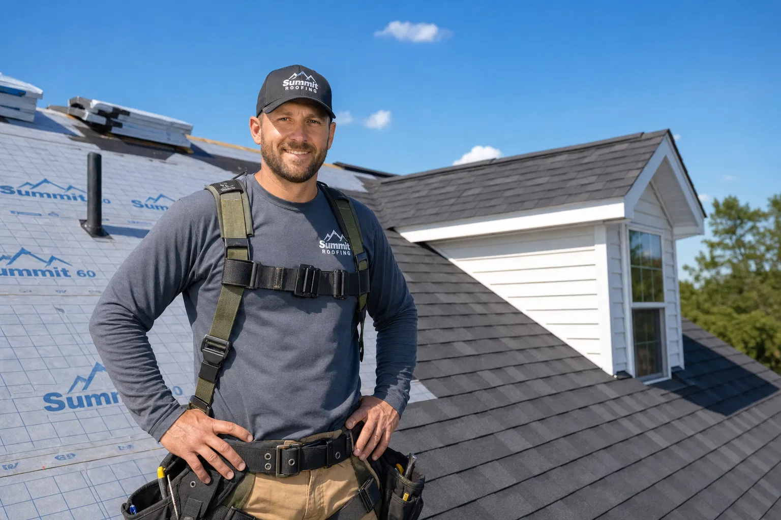 Professional roofing contractor inspecting a residential roof