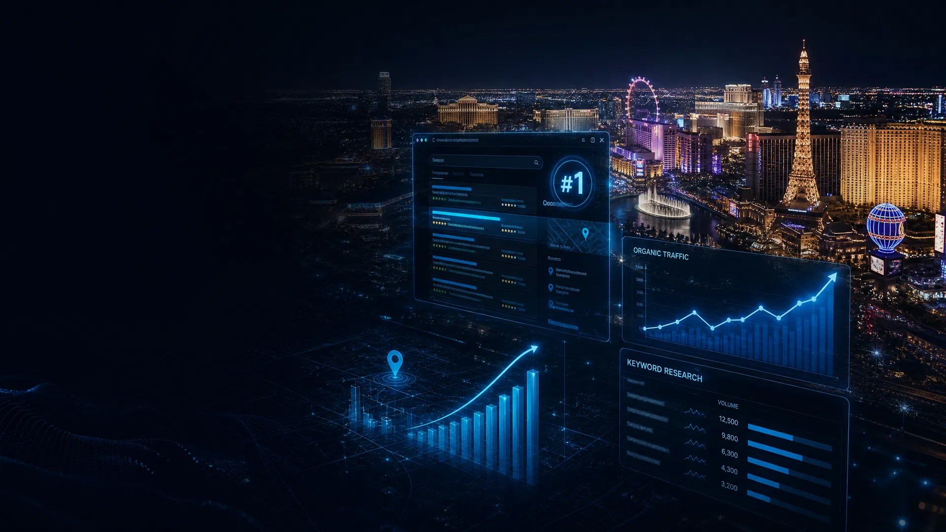 Las Vegas skyline at night with SEO ranking data overlays