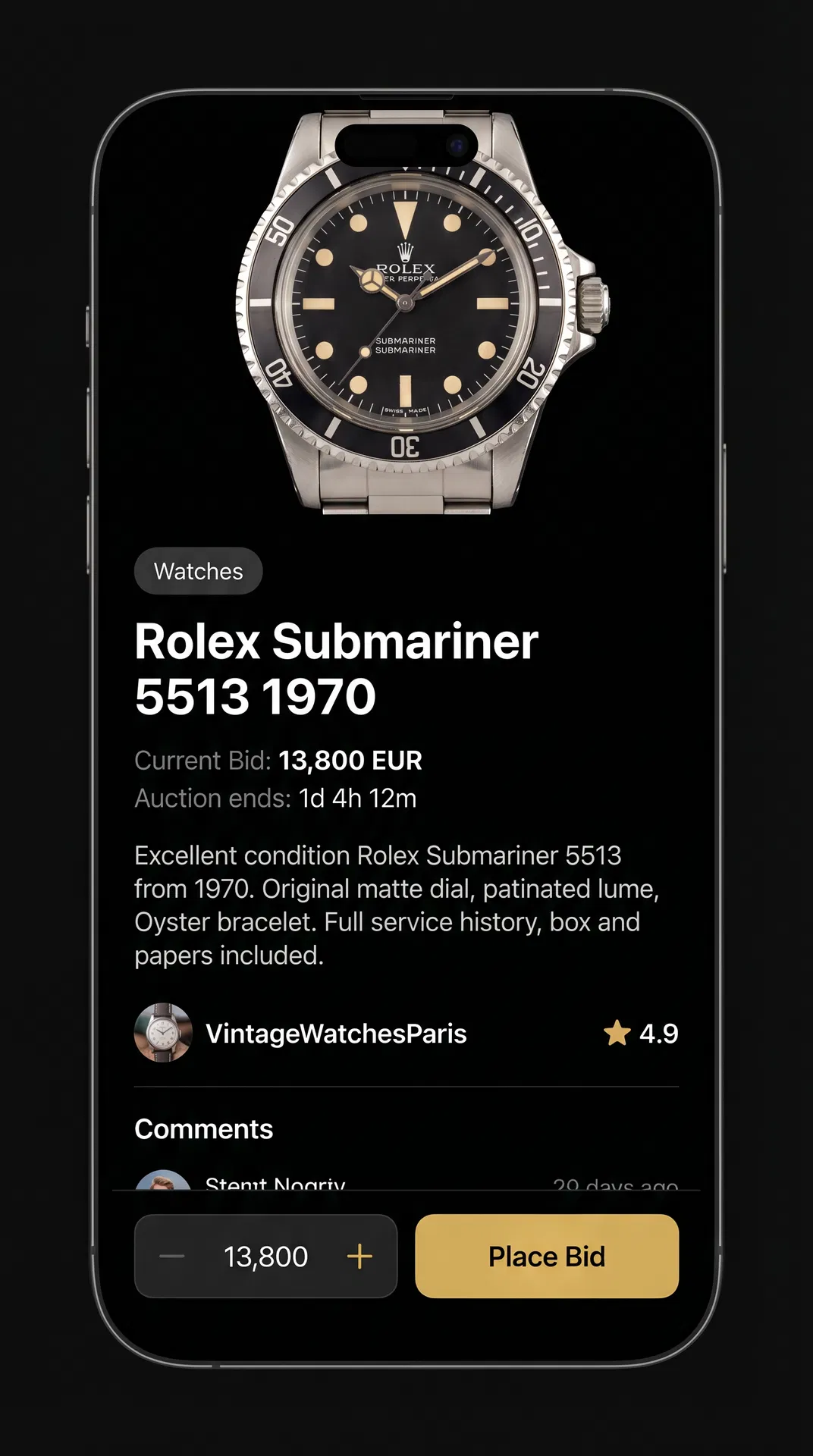 Collectify app auction screen