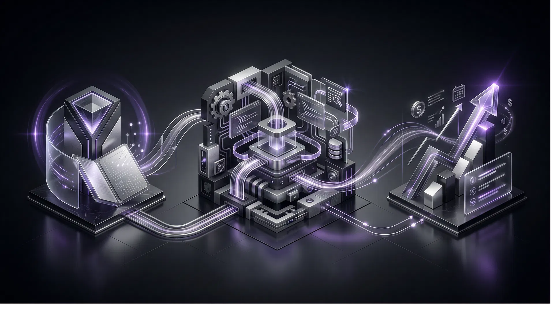 Abstract premium workflow illustration showing discovery, automation, and conversion stages