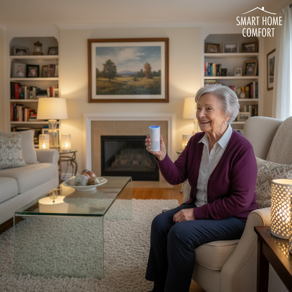 A cheerful senior using a voice assistant to control lights in a cozy living room