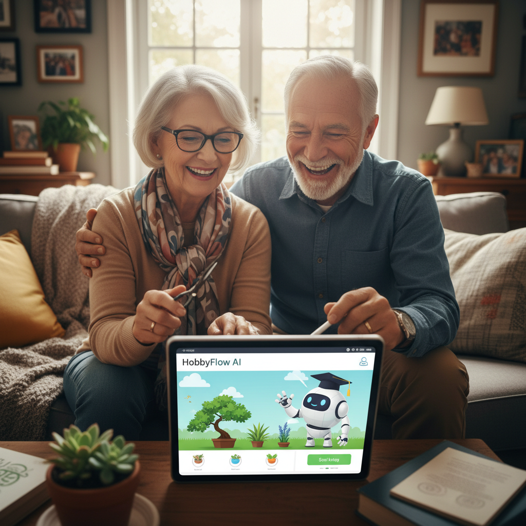 Seniors using a tablet with an AI tutoring app and smiling as they learn a new hobby