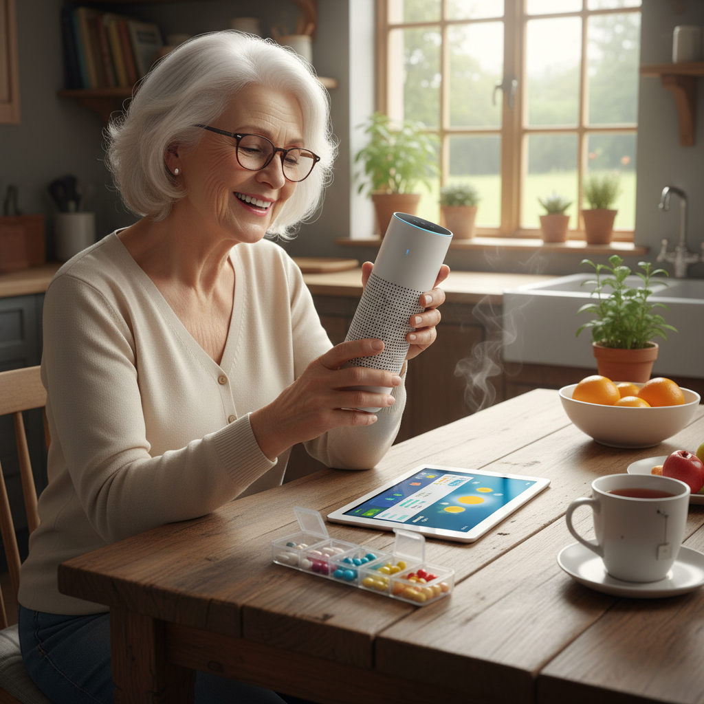 A smiling older adult using a smart speaker at a kitchen table, with a tablet and medication organizer nearby.