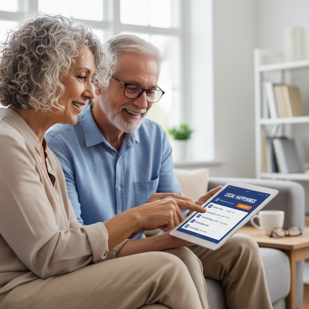 Seniors using a tablet together to explore local community event listings with large, readable text and accessible interface