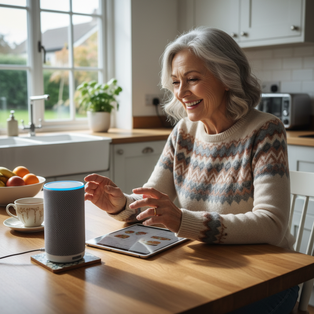 A smiling senior speaking to a voice assistant on a smart speaker at a kitchen table