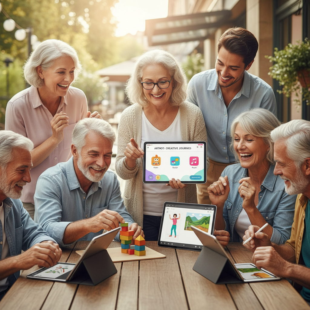 A group of older adults smiling while trying a new activity together, guided by a tablet app
