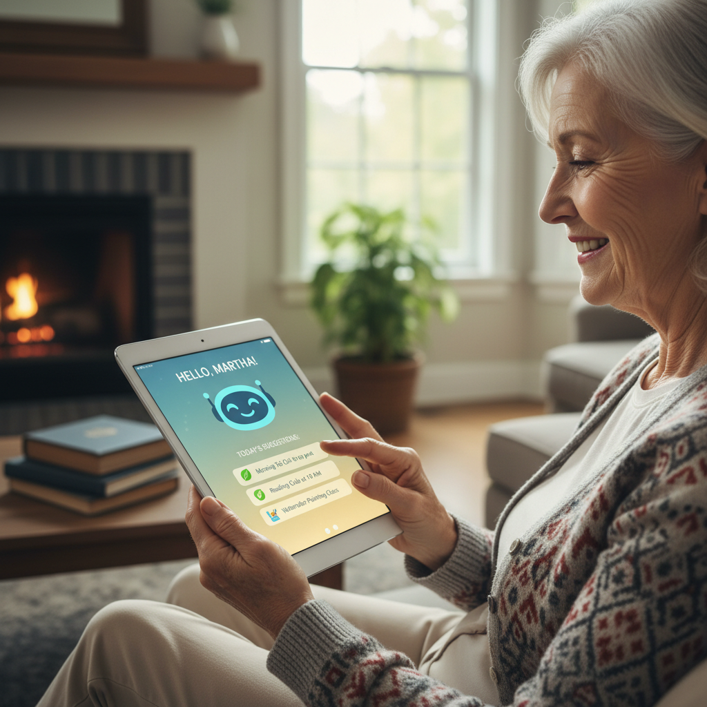 A smiling older adult using a tablet showing a friendly AI app that suggests today’s activities