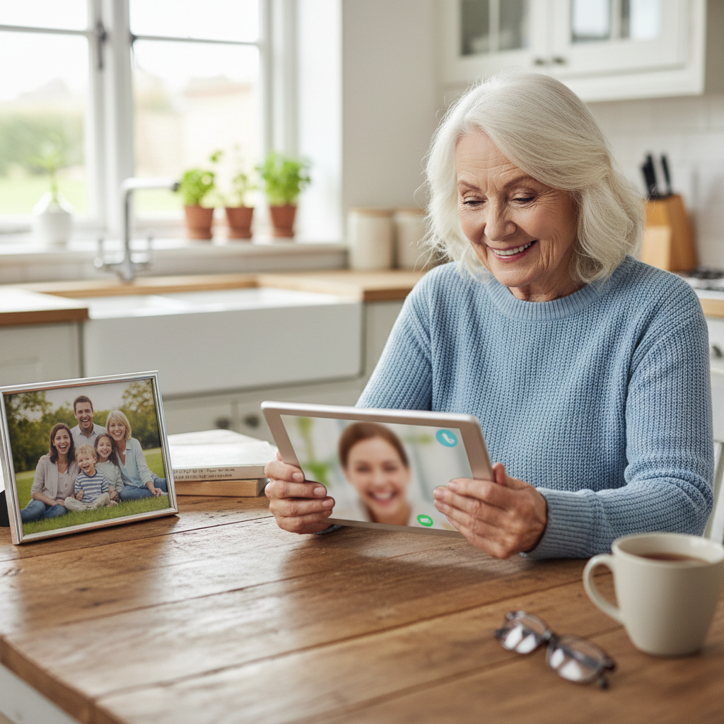 A smiling older adult using a tablet at a kitchen table, with a family photo nearby