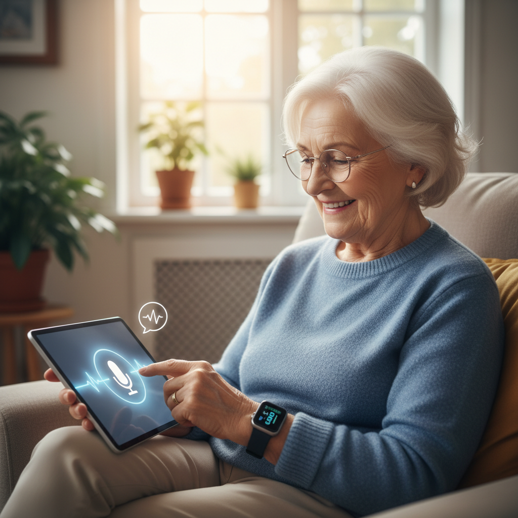 A friendly senior using a tablet with a voice assistant and wearable health tracker on the wrist