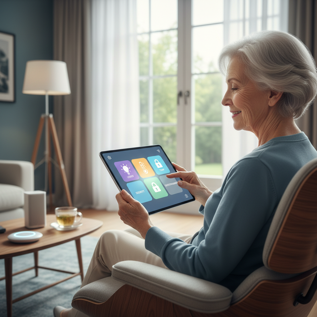 Senior using a tablet to control smart-home settings