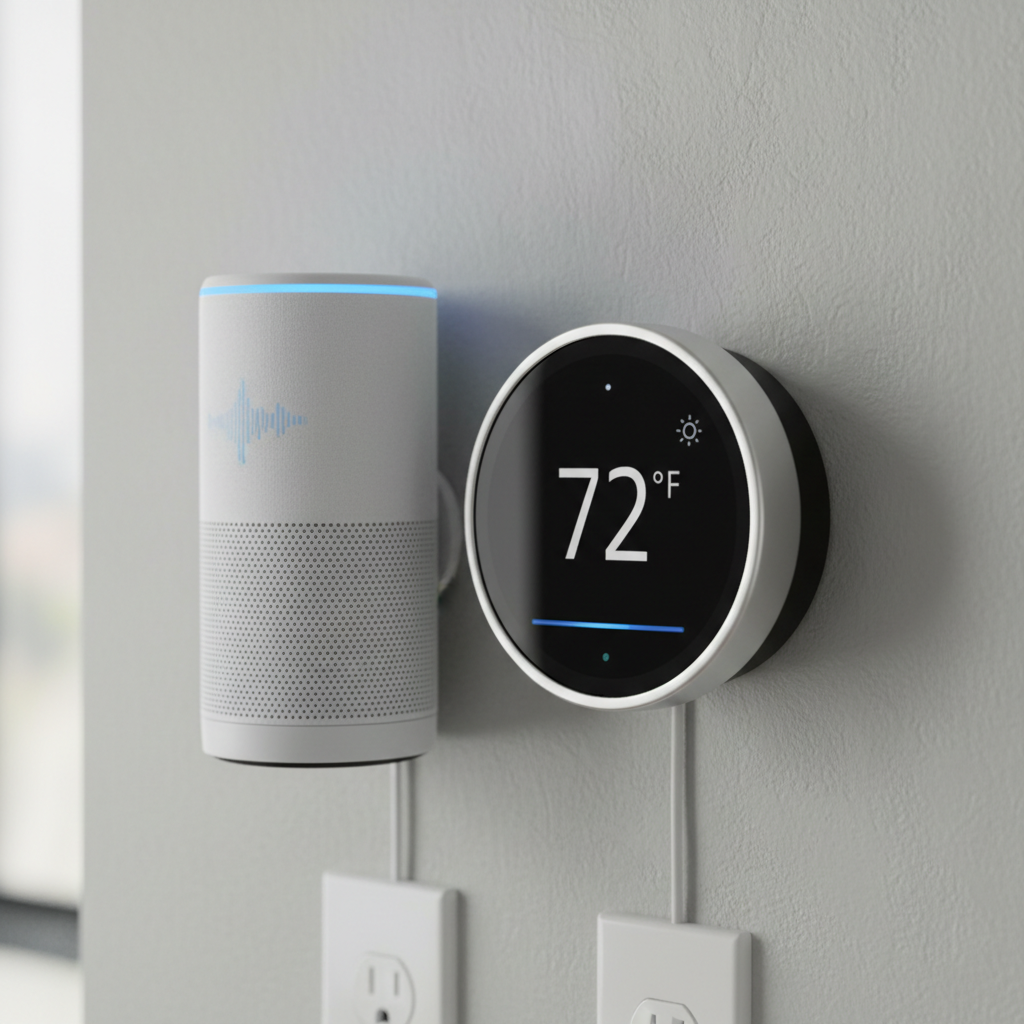 Close-up of a voice assistant and smart thermostat on a wall
