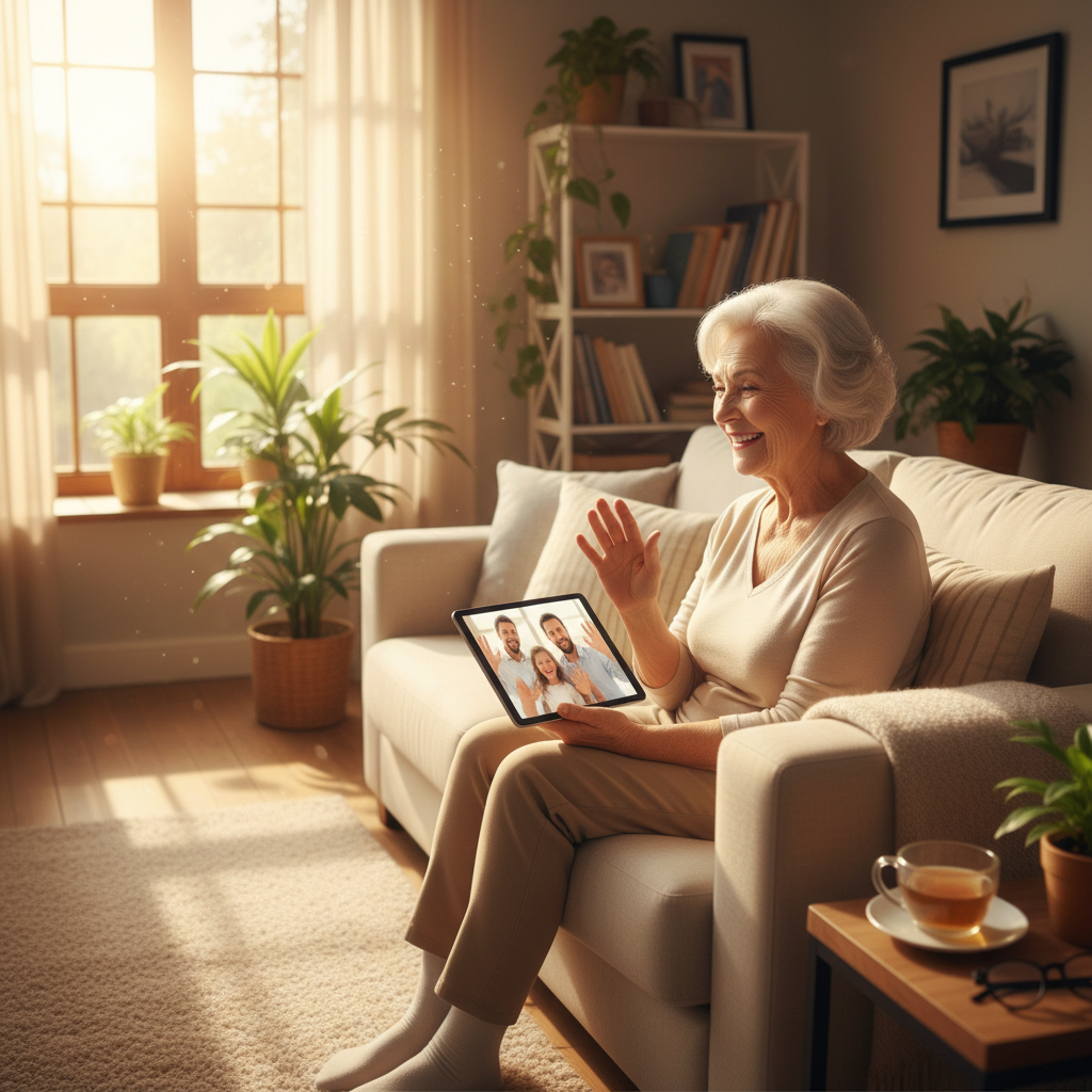 A smiling older adult video-calling family on a tablet while sitting in a sunny living room
