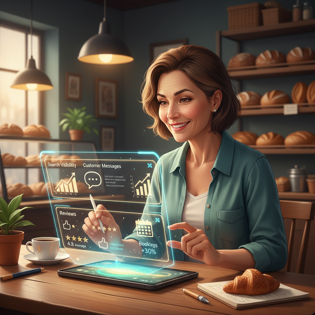 A local shop owner reviewing an AI-assisted marketing dashboard showing search visibility, customer messages, reviews, and appointment trends