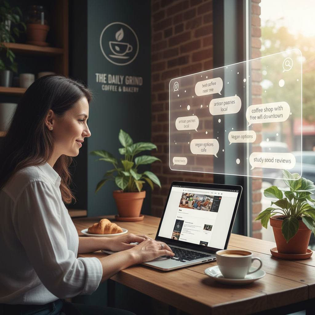 A local business owner updating a website and business profile while conversational customer searches appear on a nearby screen