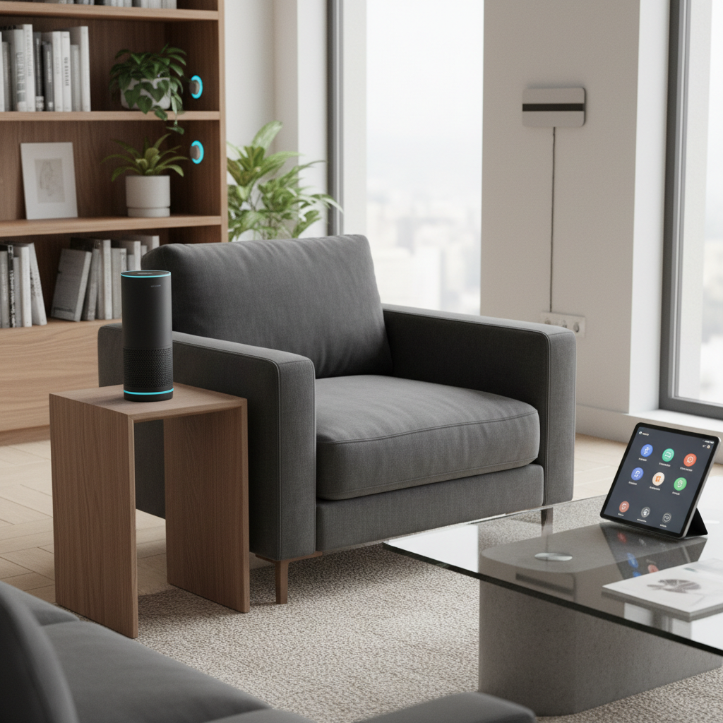 A modern living room with discreet smart sensors and voice assistant device near an armchair