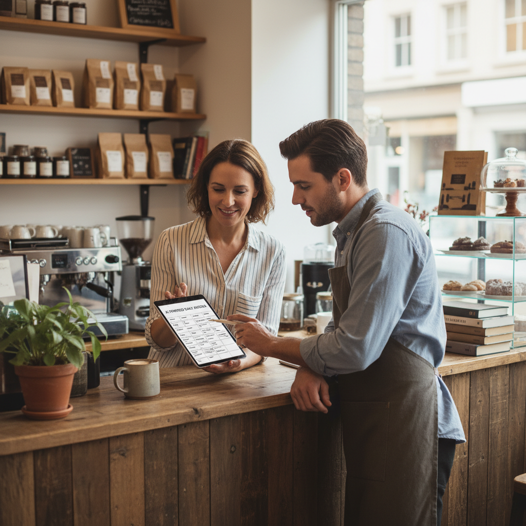 Small business owner reviewing an AI-prepared task list with an employee at a welcoming local shop counter