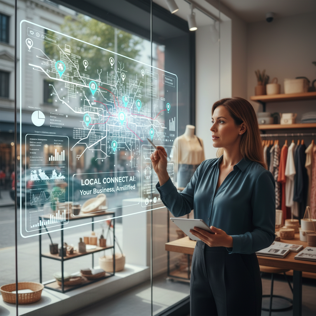 A business owner viewing a map-based AI dashboard that connects nearby customers with relevant local shops and services