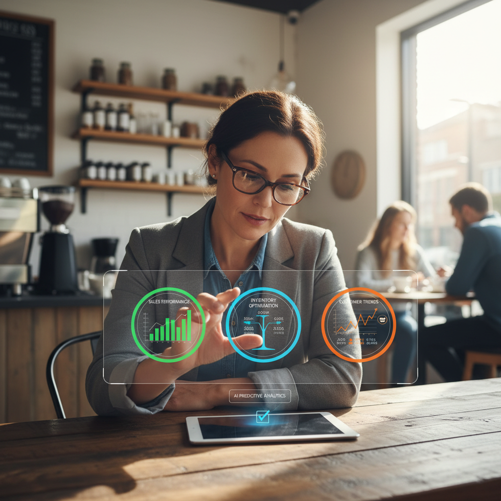 Local business owner reviewing an AI-powered dashboard showing sales, inventory, and customer trends