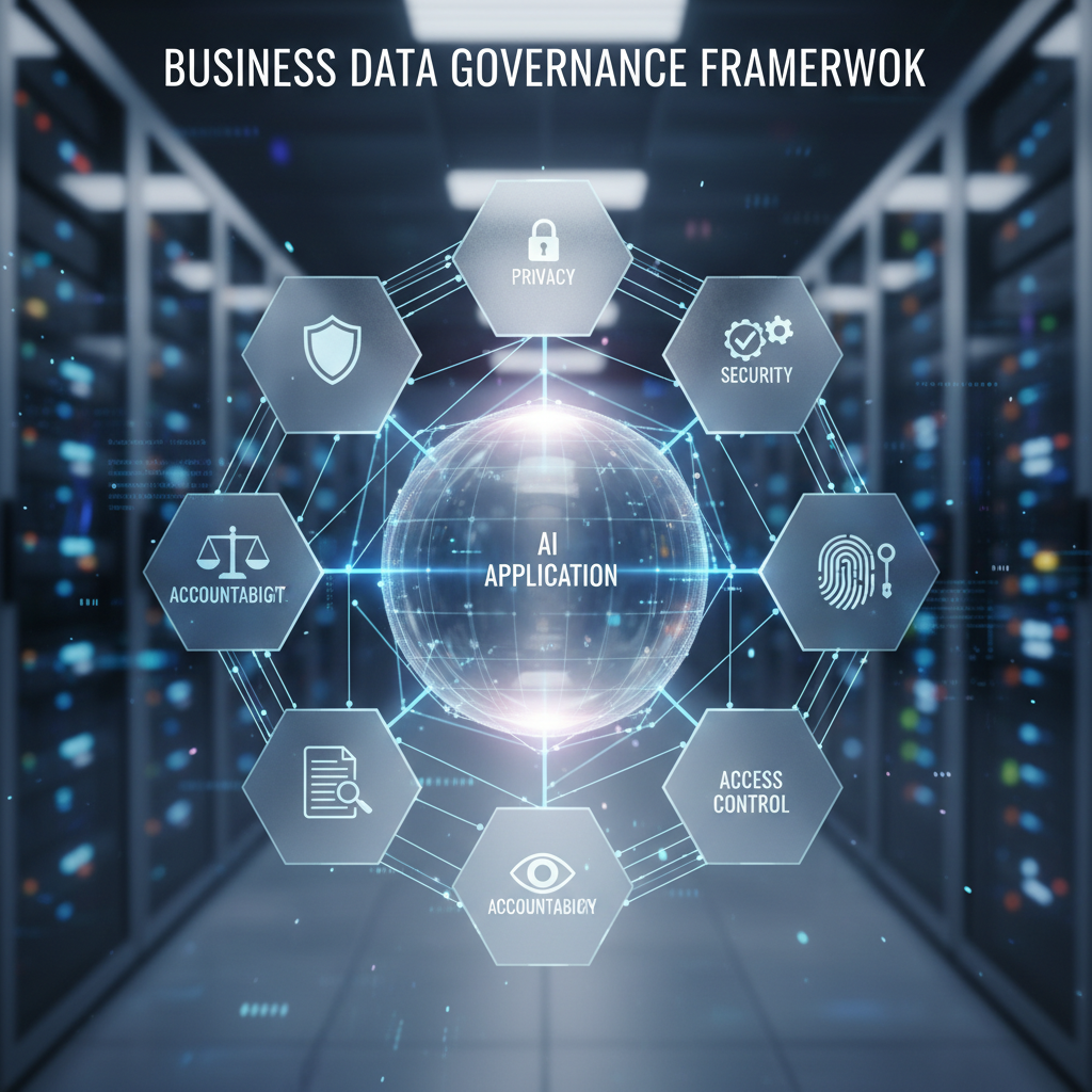 A business data governance framework showing privacy, security, data quality, access control, transparency, accountability, and human oversight around an AI application