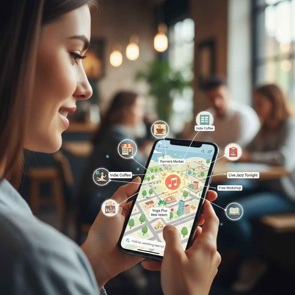 A person using a conversational local discovery app while nearby businesses, events, services, and community resources appear as connected points on a neighborhood map